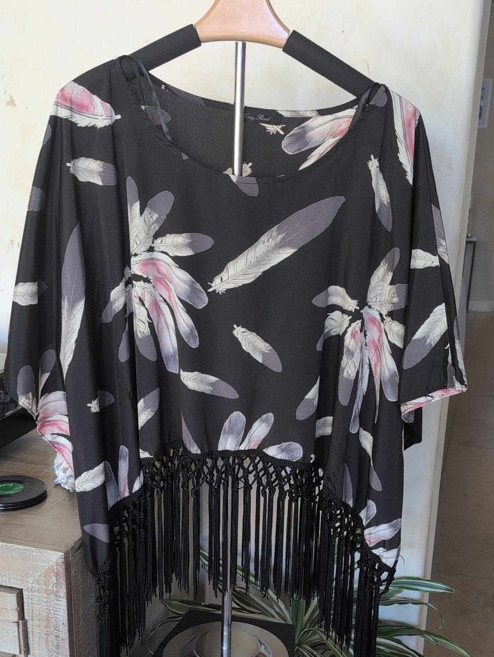 Honey Punch Black Boho Feather Print Fringe Tunic with Pink & Cream Accents